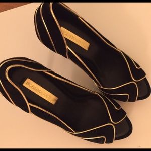 BCBG gold and black open toe stilettos